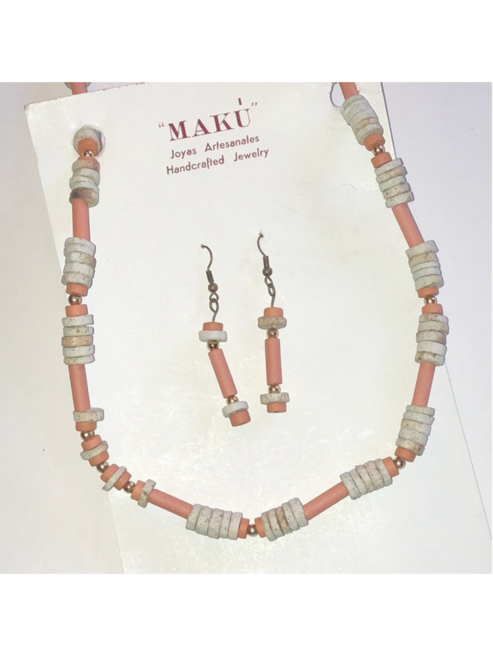 MAKU Vintage Pink and Cream Pottery Beaded Boho Necklace and Earring Set